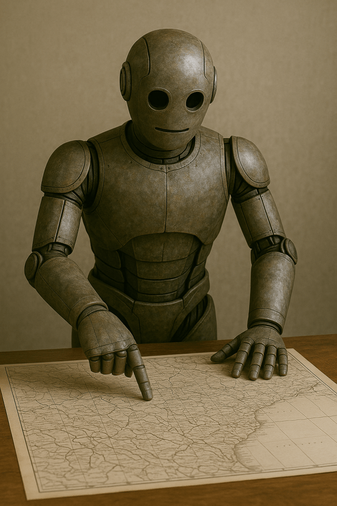 Bloggy the robot studying a map on a table, using both hands to chart a course.