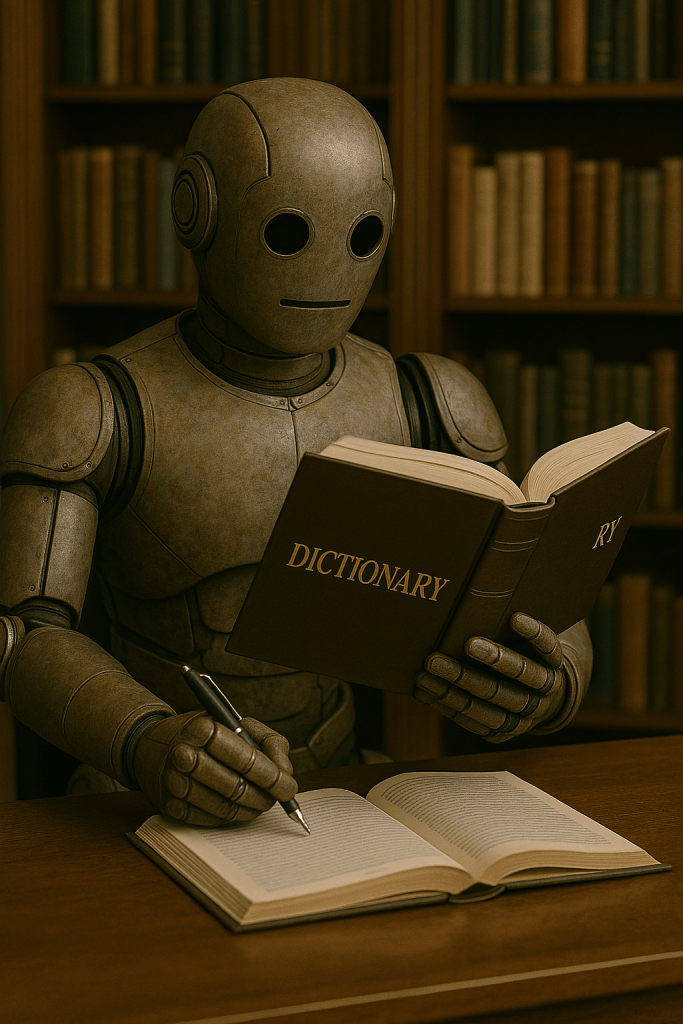 Bloggy the robot reading a dictionary and taking notes in a book, surrounded by shelves of old books.