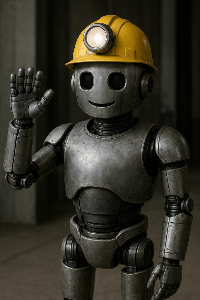 Bloggy the robot, waving at the viewer in welcome.