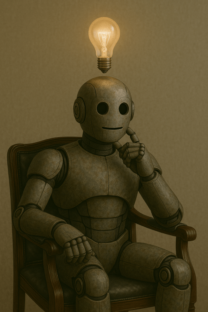 Bloggy the robot sitting in a chair with a glowing lightbulb above his head, appearing deep in thought.