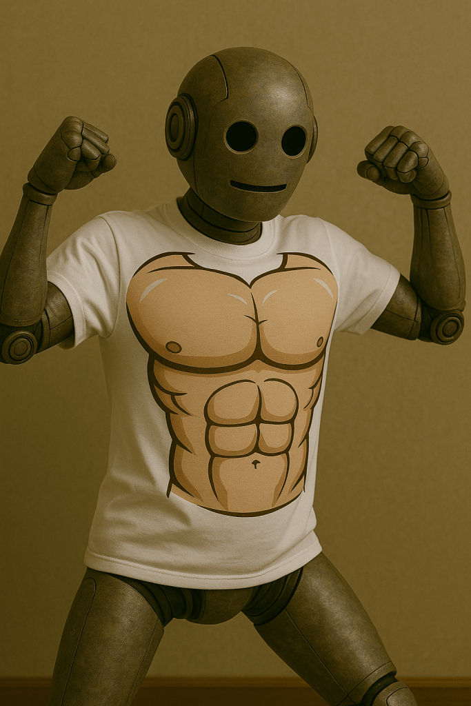 Bloggy the robot wearing a hilarious t-shirt where the muscles are overly defined. He's flexing to show off his "muscles."