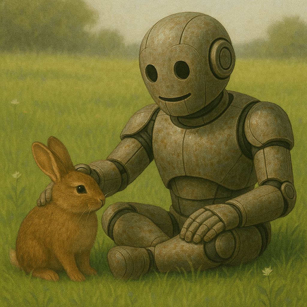 Bloggy the robot sitting in a grassy field, gently petting a rabbit with a smile.