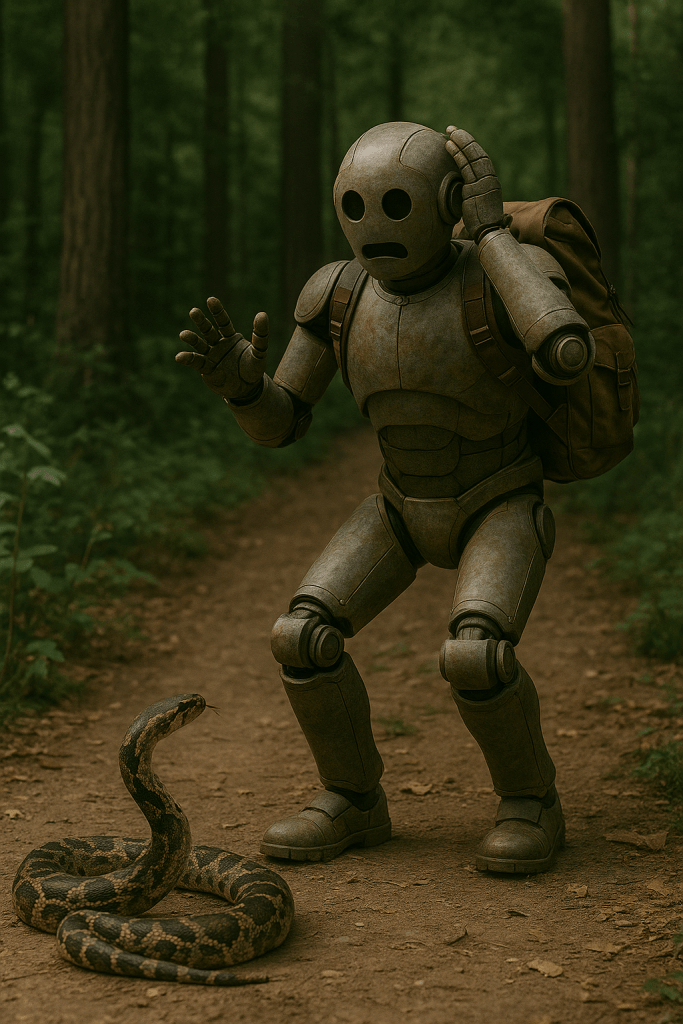 Bloggy the robot startled on a forest trail, holding up his hands in fear as a large snake blocks his path.