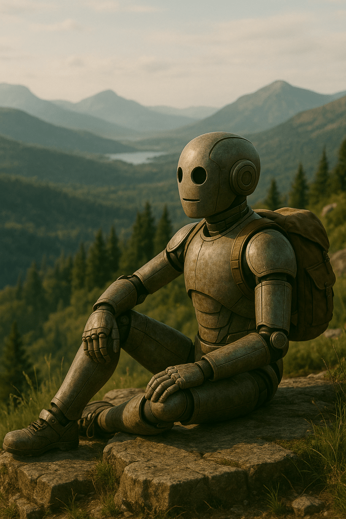 Bloggy the robot sitting on a rock at the edge of a mountain, looking out over a vast landscape of trees and distant lakes.