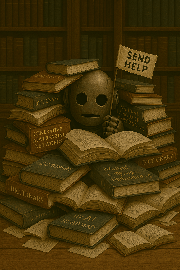 Bloggy is buried under a huge pile of open dictionaries and AI textbooks. Only his little eyes are visible and he’s holding up a tiny flag that says “Send Help.”