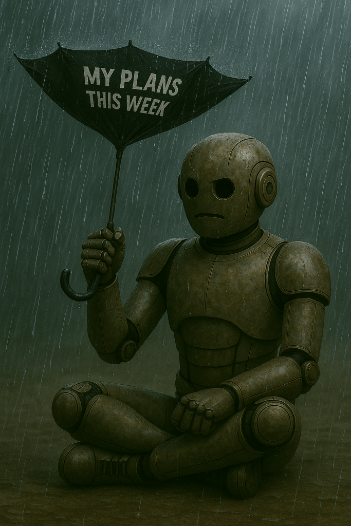 Bloggy is sitting in a heavy rainstorm holding an upside-down umbrella labeled “My Plans This Week.” He looks frustrated but determined.