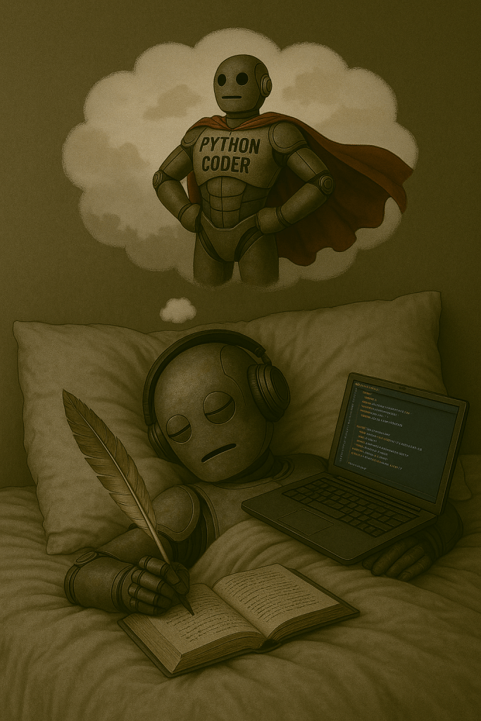 Bloggy is sleeping in bed with a laptop next to him showing Python code. He’s dreaming of himself as a superhero wearing a cape labeled “Python Coder.”
