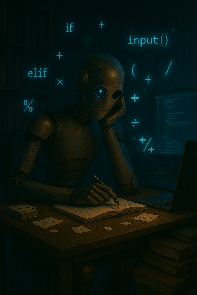Bloggy sitting at a desk, surrounded by floating syntax fragments (e.g. if, elif, input(), calculator symbols). One eye is glowing softly as it starts to understand.