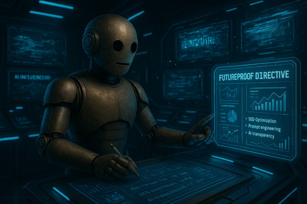 Bloggy sits at a futuristic desk surrounded by holographic screens of AI influencers. Some displays are fuzzy and glitching with static, while others glow clearly. Bloggy tunes into the sharpest signal, muting the noisy ones.