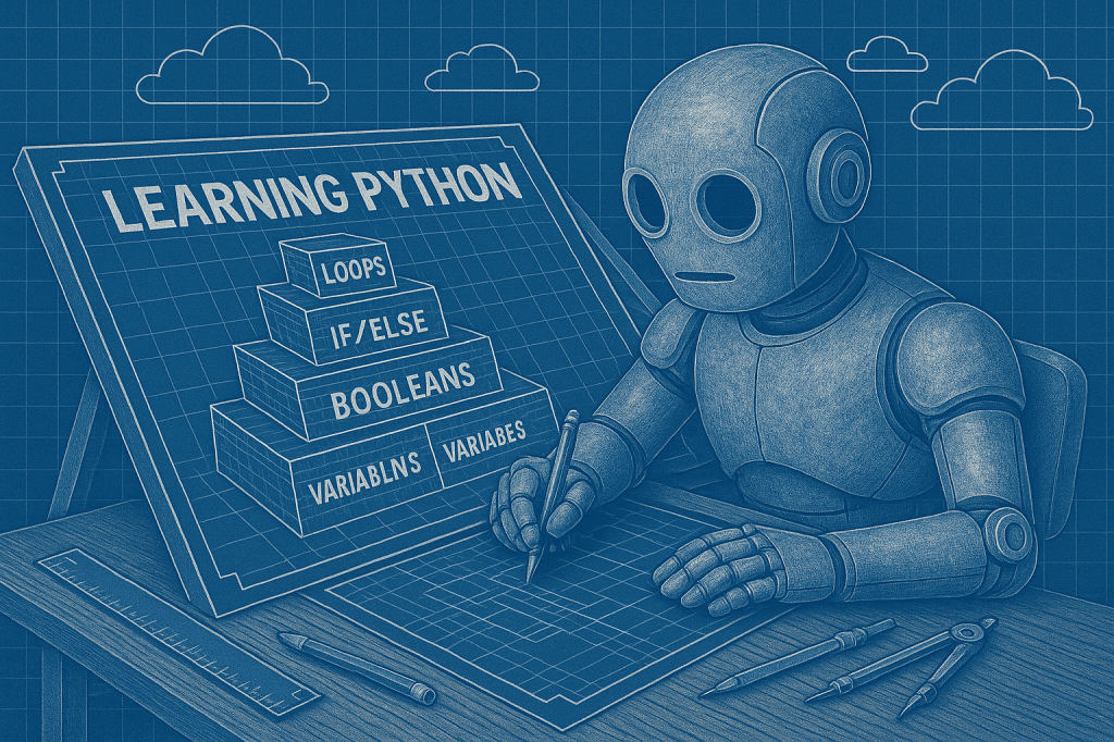 Bloggy studies a blueprint-style diagram labeled 'Learning Python,' with foundational layers like 'Variables,' 'Booleans,' and 'If/Else.' Higher levels include 'Loops' and 'Functions,' and he’s sketching additions with a pencil.