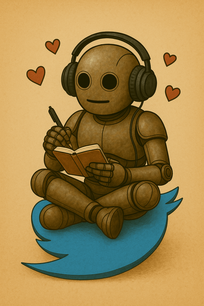 Bloggy is sitting on a giant Twitter logo wearing big headphones. He’s happily scribbling notes in a notebook with little hearts floating around him.