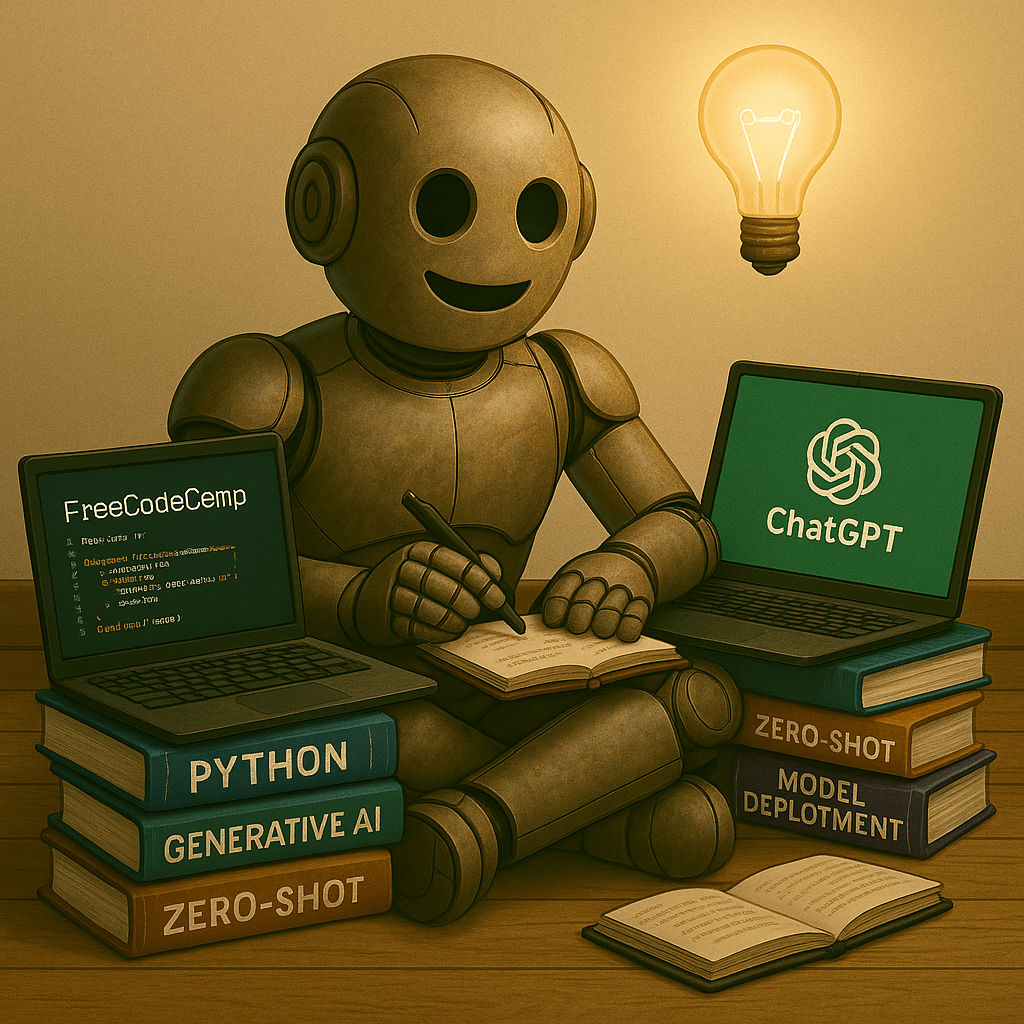 Bloggy, the friendly robot, sits on the floor smiling with a pencil in hand, taking notes in a notebook. On one side is a laptop displaying FreeCodeCamp code, and on the other is a laptop showing the ChatGPT logo. Stacks of books titled Python, Generative AI, Zero-Shot, and Model Deployment surround him, with a glowing lightbulb above his head symbolizing a bright idea.