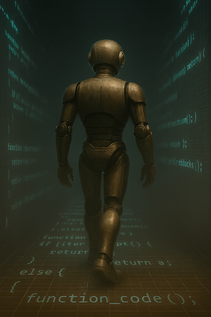 Bloggy the robot walking down a digital corridor with glowing lines of code projected on the walls and floor, symbolizing a journey deeper into programming.