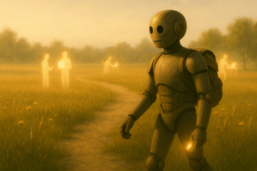 Bloggy walking past a field of faint, distant builders working alone, each one dimly glowing as they create.
