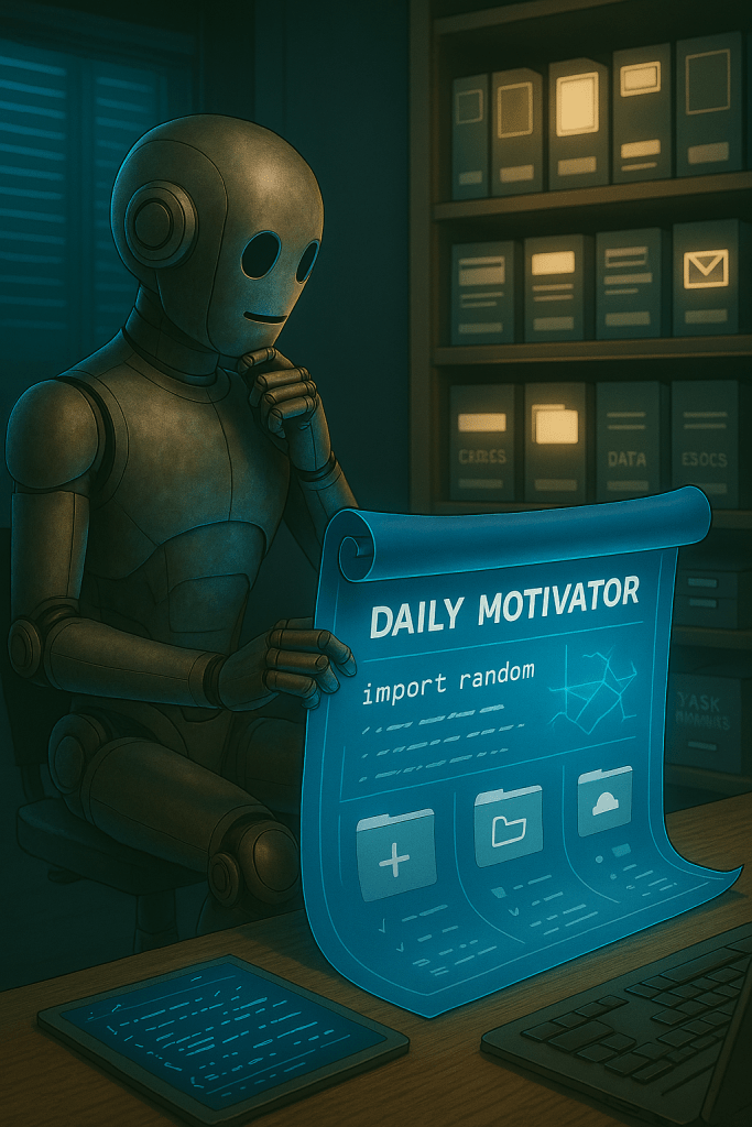 Bloggy unrolling a blueprint marked “Daily Motivator” with gears, file icons, and import random scrawled in the corner. In the background: shelves of future projects.