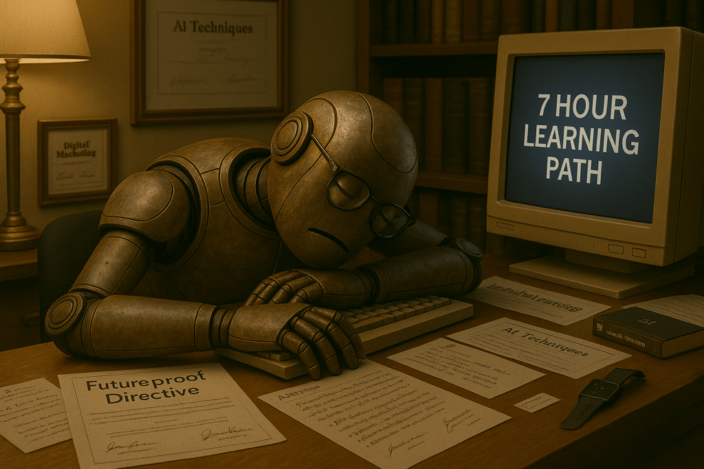 Bloggy fell asleep at his keyboard wearing reading glasses. There’s a little drool coming out and his computer screen shows “7 Hour Learning Path."