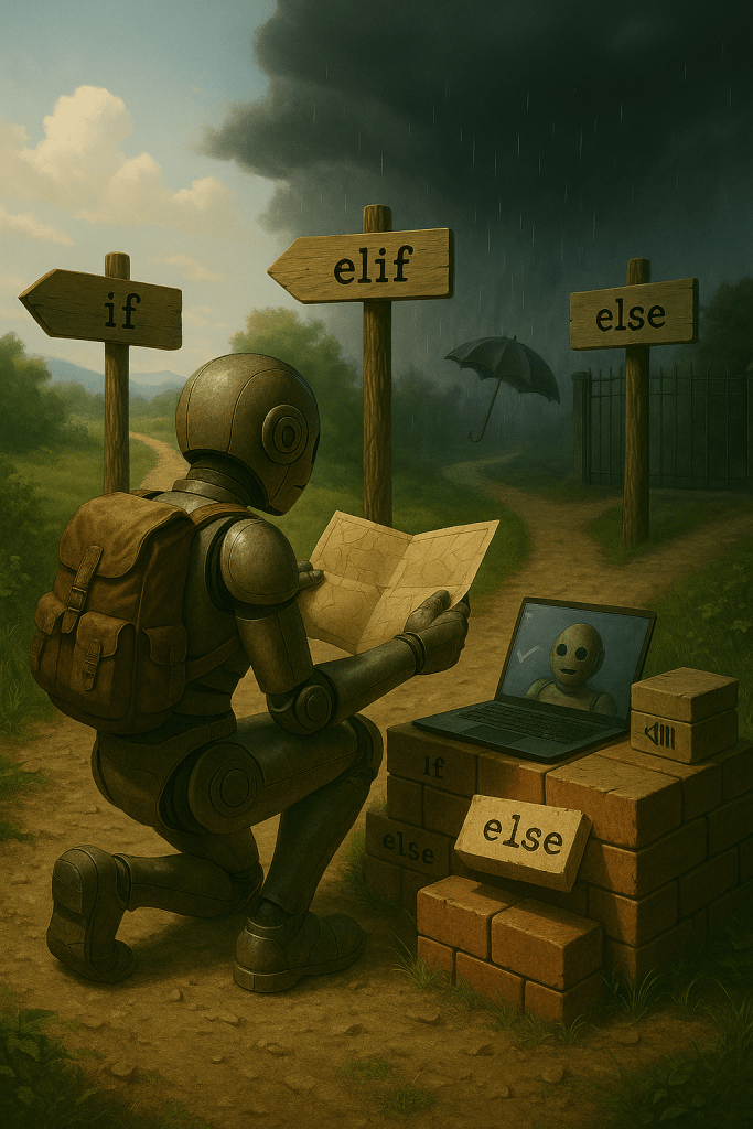 Bloggy stands at a fork in the road with signs labeled 'if,' 'elif,' and 'else.' Each path leads to a different scene: sunshine, rain with an umbrella, and a locked gate. He holds a logic map, hesitating on which way to go.