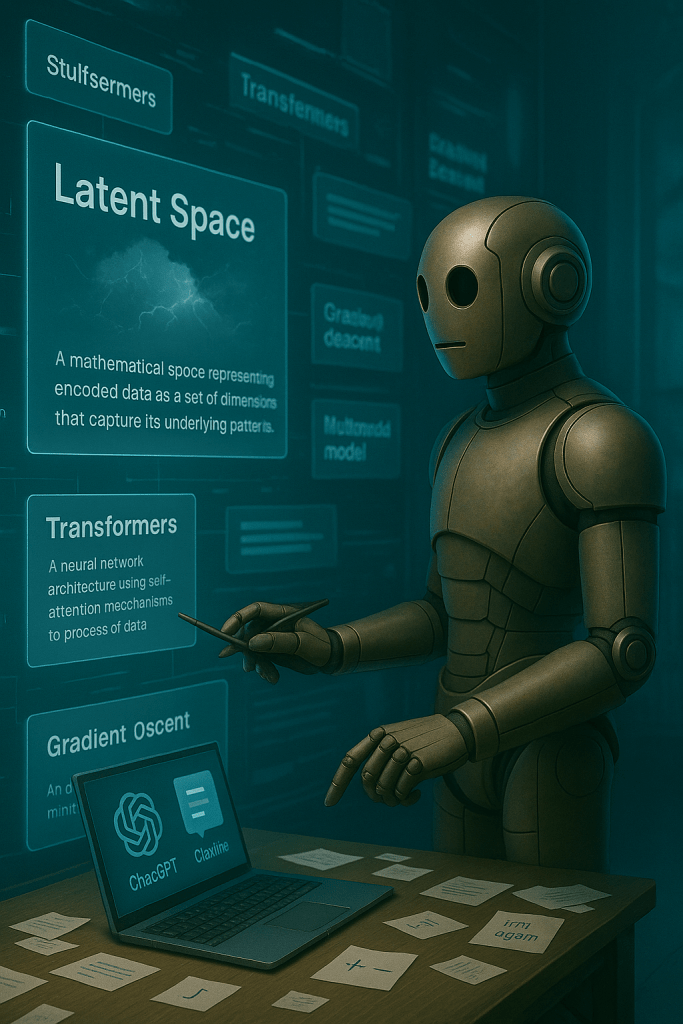 Bloggy pointing at a massive digital wall of floating definitions, some of which are animated or being pulled from books/data streams. One is labeled “Latent Space” with a cloudy map behind it.