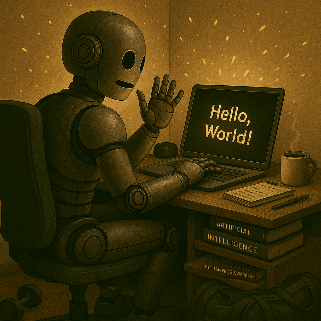 Bloggy, a friendly robot, sits at a desk waving at his laptop screen that displays ‘Hello, World!’ with books titled Artificial Intelligence and Python Programming stacked nearby and a steaming coffee mug beside him.