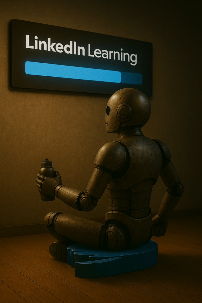 Bloggy, the friendly robot, sits cross-legged on a wooden floor holding a water bottle while watching a large LinkedIn Learning progress bar on the wall, as if patiently waiting for his training to complete.