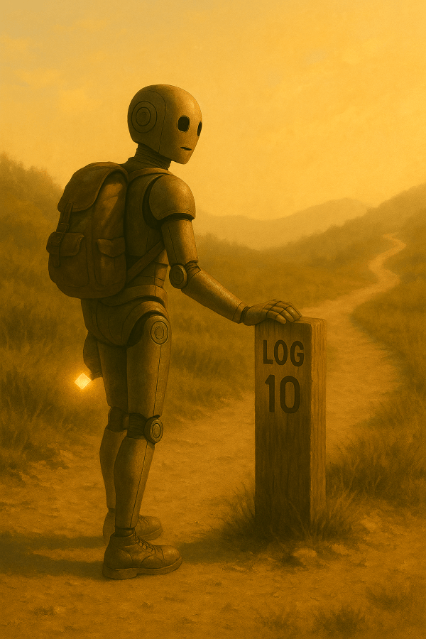 A tall, bronze-colored robot stands beside a wooden trail marker labeled "LOG 10" on a winding dirt path. The late-day sun casts golden light and long shadows across the grassy hills. The robot wears a worn backpack and gently rests one hand on the marker, while the other holds a small glowing cube. In the distance, the path curves uphill toward faint trail markers reading "LOG 20" and "LOG 30." The scene conveys steady progress and quiet determination.