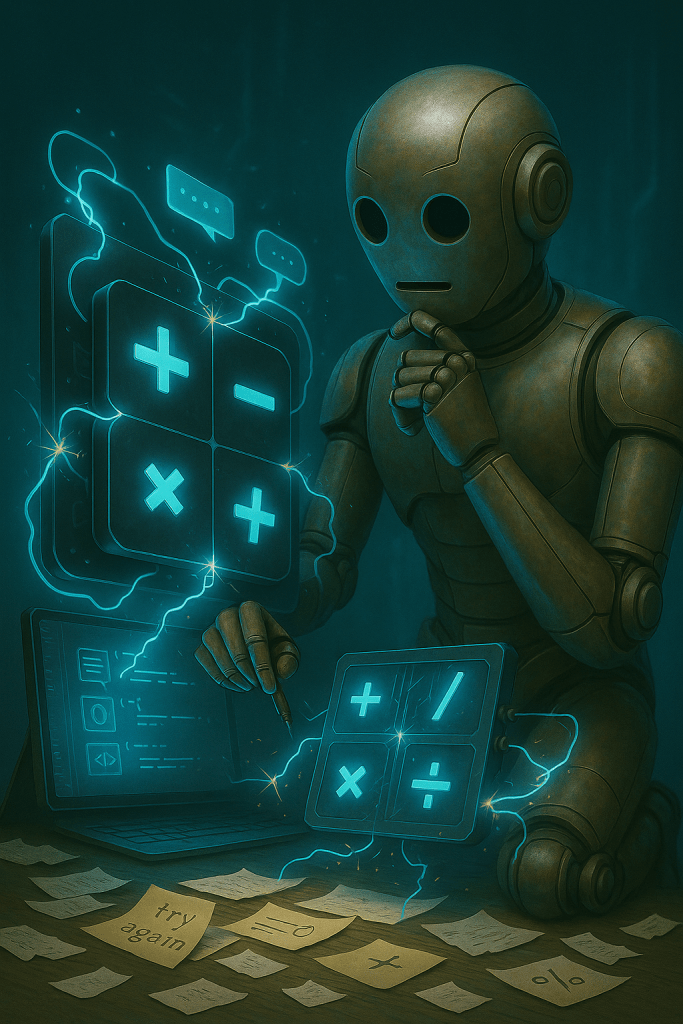 Bloggy wiring together calculator parts — not a plastic calculator, but a floating abstract machine that responds to his touch (number or operator symbols sparking to life).