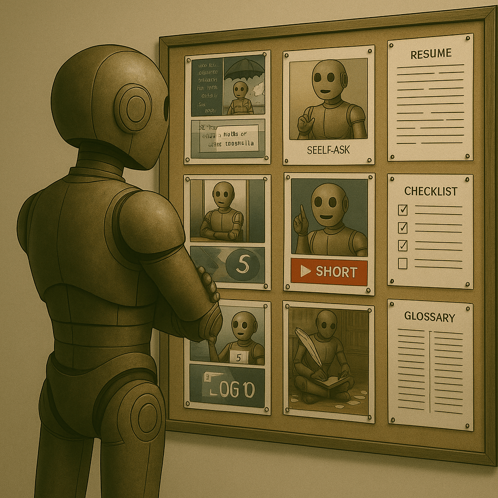 Bloggy reviewing a visual progress board covered in completed blog tasks and project icons.