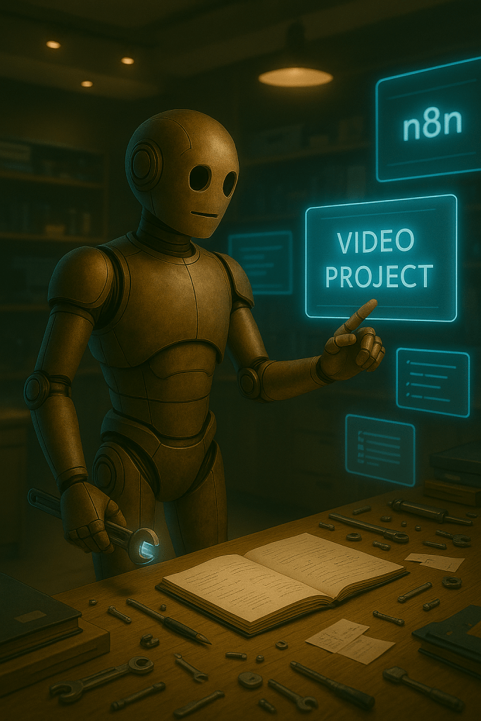 Bloggy reaching toward a labeled control panel marked "Video Project," with tools and automation nodes glowing nearby.