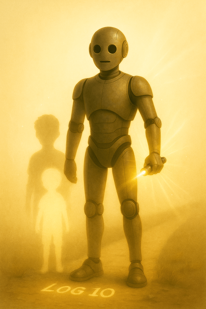 Bloggy standing between two blurred figures, holding a tool like a shield, facing forward.