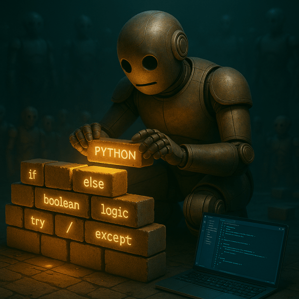 Bloggy crouches on a dimly lit floor, placing a glowing Python-labeled brick into a wall made of code blocks. A laptop running VS Code sits beside him, and unfinished AI bots loom faintly in the background.