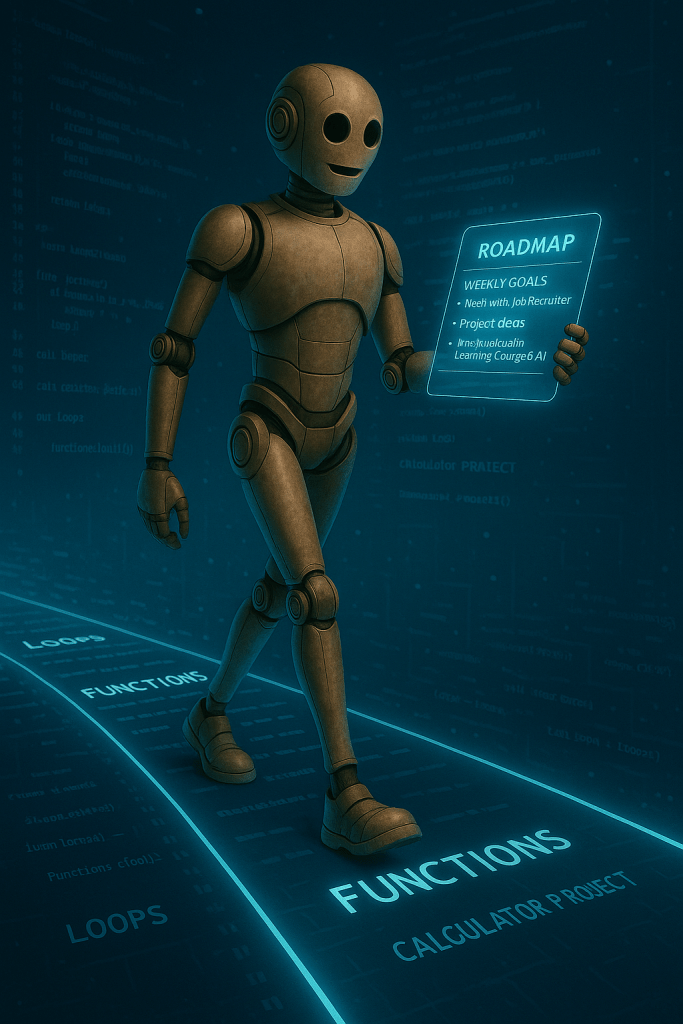 Bloggy walks along a glowing path made of Python code lines, with stepping stones labeled 'Loops,' 'Functions,' and 'Calculator Project.' He reads a roadmap covered in handwritten goals, focused on the journey ahead.