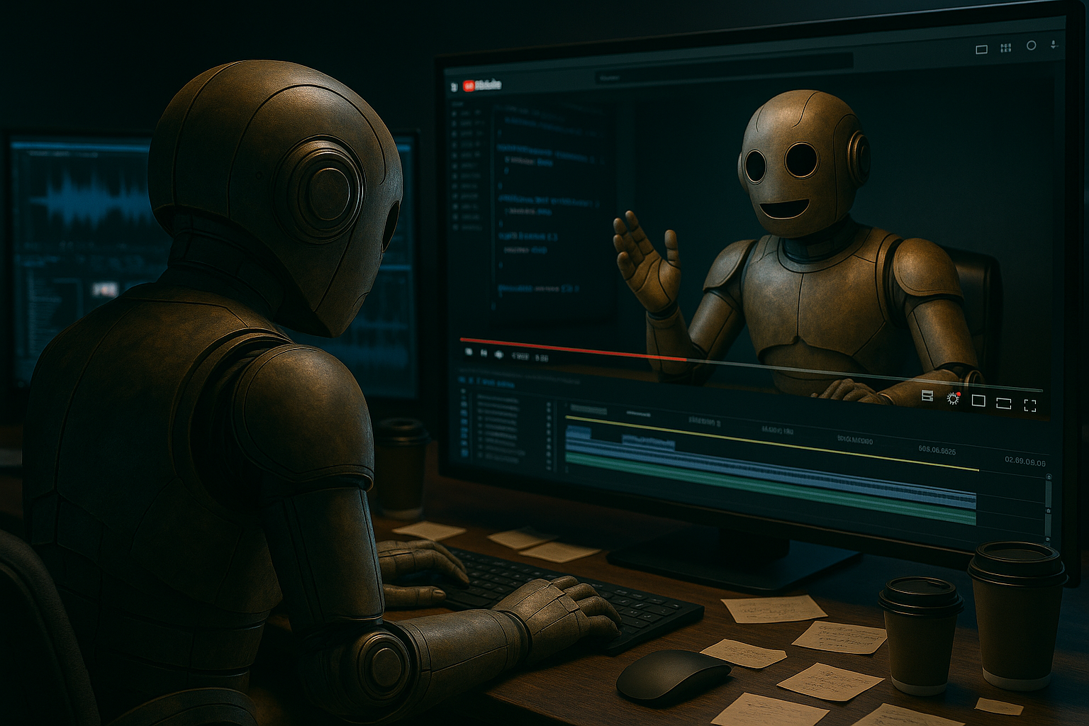 Bloggy, the friendly robot, sits at a computer editing a YouTube video of himself speaking and waving on screen. The workspace is filled with coffee cups and sticky notes, reflecting focused video creation and coding work.