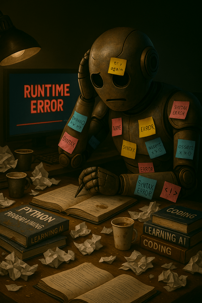 Bloggy sits in a messy workspace covered in sticky notes showing error messages like 'Runtime Error' and 'Invalid input.' His computer screen displays a Python script that has crashed, and he looks frustrated but determined.