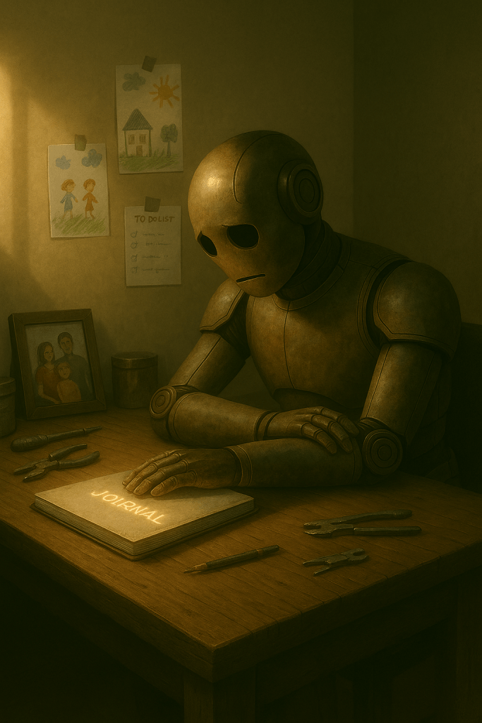 Bloggy sitting at a desk surrounded by clutter, softly lit by morning light, pausing in quiet reflection.