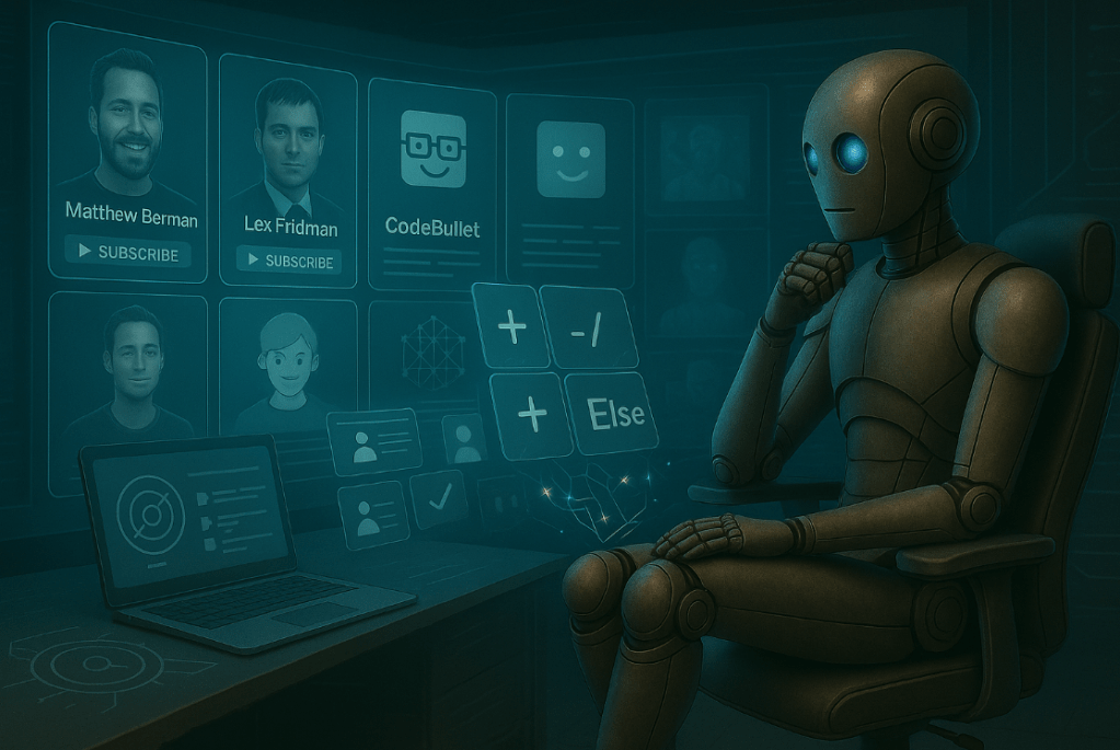 Bloggy sitting in a command chair in front of a holographic wall showing profile pics, channel logos, and snippets from Matthew Berman, Lex Fridman, etc.