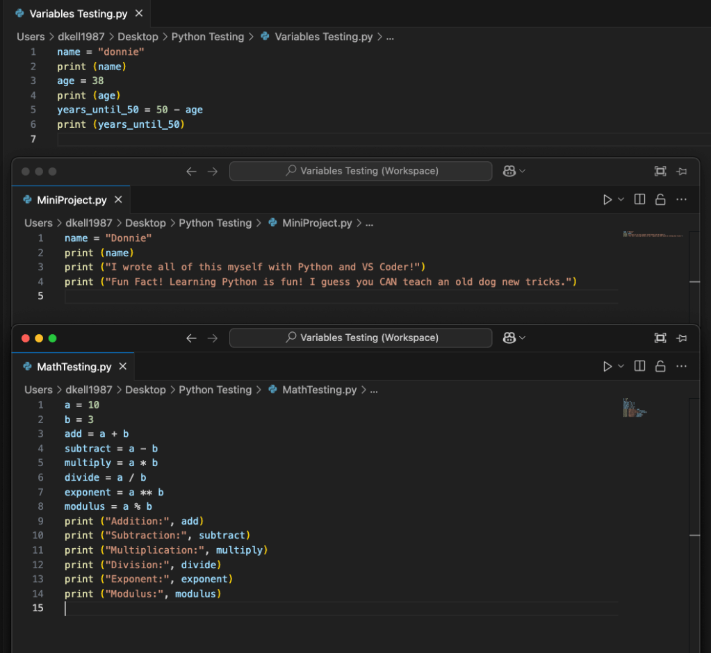 Screenshot of VS Code showing three Python scripts created by Donnie. The top script defines name and age variables and calculates years until age 50. The middle script prints “Hello World” and a fun message about learning Python. The bottom script practices basic math operations like addition, subtraction, and exponents.