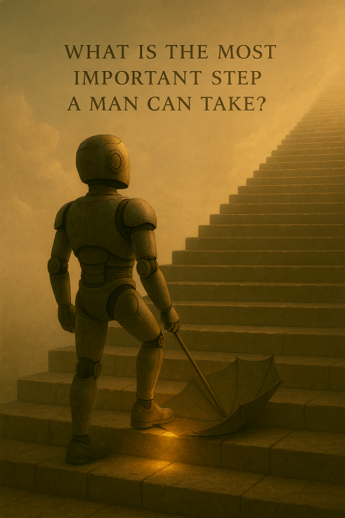 Bloggy holding a closed umbrella, standing at the base of a long staircase disappearing into mist, with the words ‘What is the most important step a man can take?’ above. Image evokes contemplation and progress.