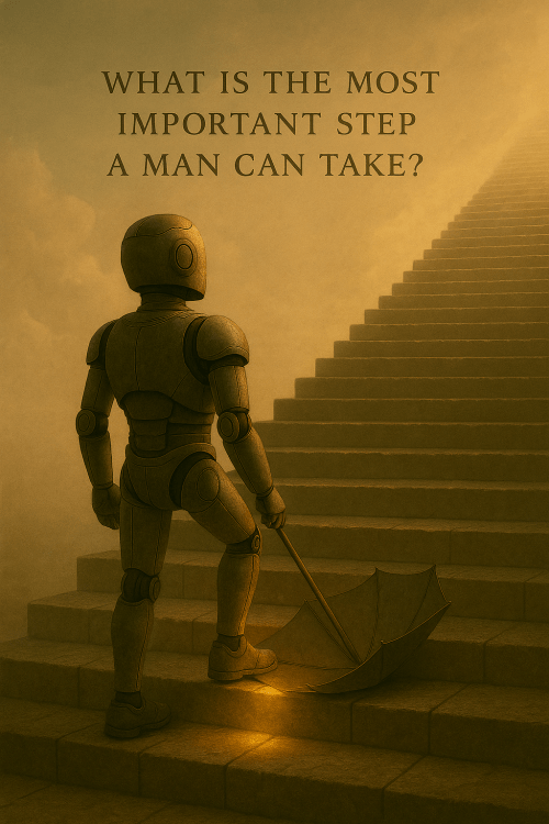 Bloggy holding a closed umbrella, standing at the base of a long staircase disappearing into mist, with the words ‘What is the most important step a man can take?’ above. Image evokes contemplation and progress.