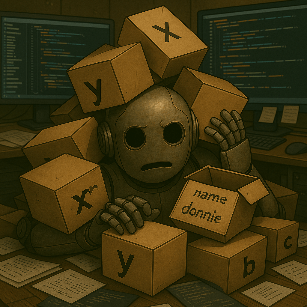 Bloggy, the friendly robot, looks overwhelmed as he sits buried under a pile of cardboard boxes labeled with variable names like x, y, and “name donnie,” surrounded by scattered code papers and computer monitors displaying Python scripts in the background.