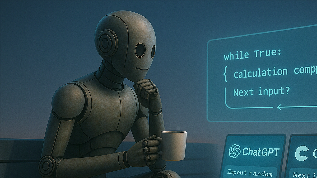 Bloggy sitting quietly on a bench, watching a glowing loop of code execute on a floating display in the distance. It’s not dramatic — just a clean, working program cycling through its steps without crashing. There’s a coffee cup beside him. He’s not doing, he’s observing the system work.