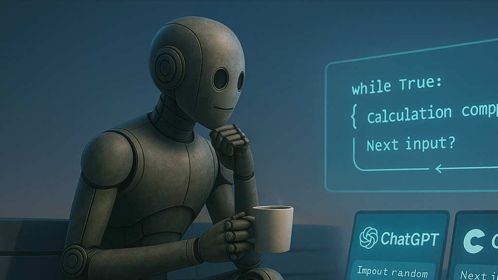 Bloggy sitting quietly on a bench, watching a glowing loop of code execute on a floating display in the distance. It’s not dramatic — just a clean, working program cycling through its steps without crashing. There’s a coffee cup beside him. He’s not doing, he’s observing the system work.