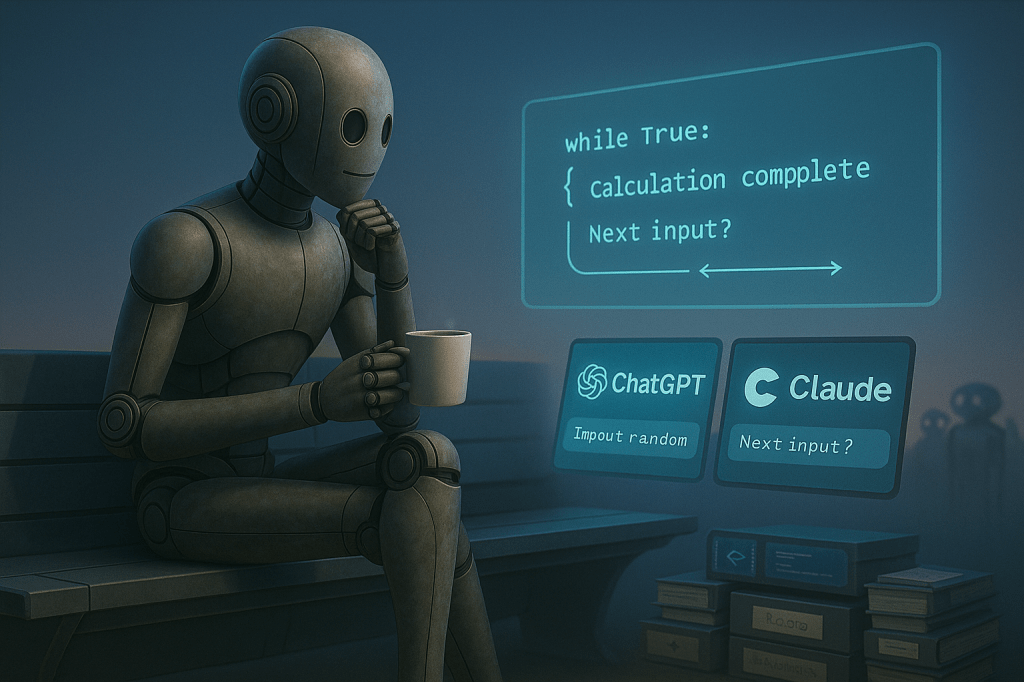 Bloggy sitting quietly on a bench, watching a glowing loop of code execute on a floating display in the distance.