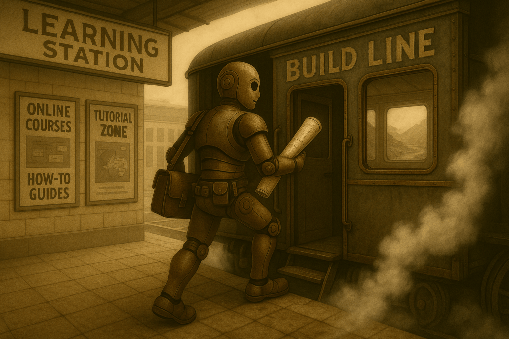 Bloggy boarding a weathered train labeled “Build Line,” leaving behind a busy terminal called “Learning Station.”
The platform is filled with posters like “Online Courses,” “How-To Guides,” and “Tutorial Zone.” Bloggy is stepping onto the train with a determined look, holding a rolled-up blueprint and wearing a utility belt. Through the train window, the landscape ahead is rough and wild, while the station behind is clean and bright. The train emits steam as it prepares to depart.