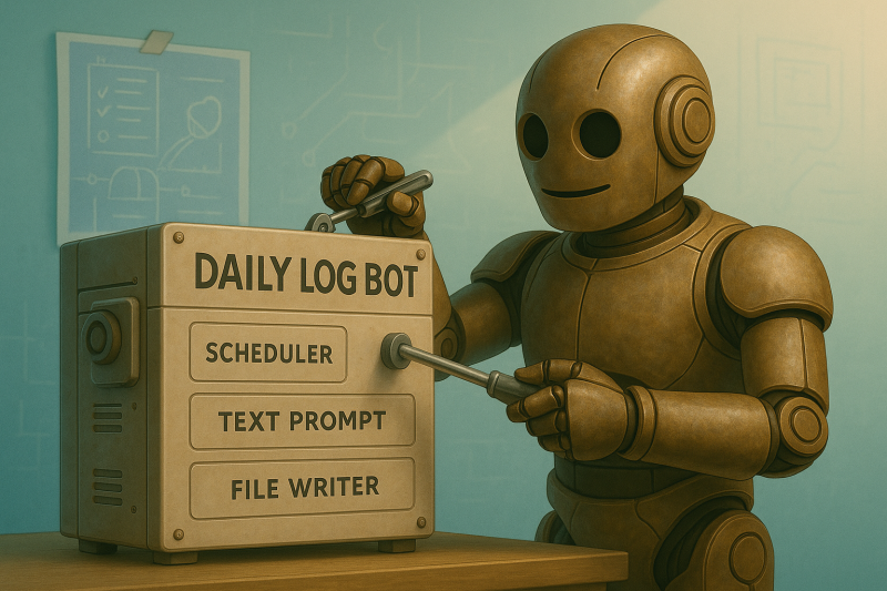 Bloggy, a bronze retro-style robot, tightens a bolt on a half-built “Daily Log Bot” machine. Labeled components like “Scheduler” and “Text Prompt” are visible. A blueprint hangs nearby with items checked off, symbolizing progress in automation.
