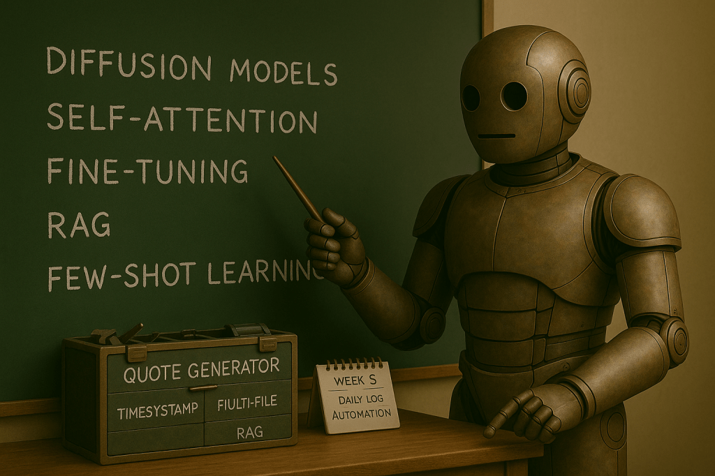 A semi-realistic bronze retro-futuristic robot named Bloggy stands in front of a dark green chalkboard, holding a wooden pointer toward neatly written terms: “Diffusion Models,” “Self-Attention,” “Fine-Tuning,” “RAG,” and “Few-Shot Learning.” Warm, soft lighting highlights his weathered metallic chassis. In the foreground, a small desk holds a labeled box reading “Quote Generator” and a desk calendar displaying “Week 5: Daily Log Automation,” adding subtle detail to the classroom scene.