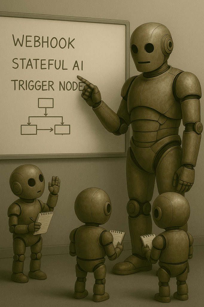 Bloggy at a whiteboard explaining new concepts to mini-bots
Each mini-bot is holding a small notepad. The whiteboard has words like “Webhook,” “Stateful AI,” and “Trigger Node” sketched out in Bloggy’s handwriting. He’s pointing to a flowchart while one bot raises its hand, eager to learn. Think sci-fi classroom.
