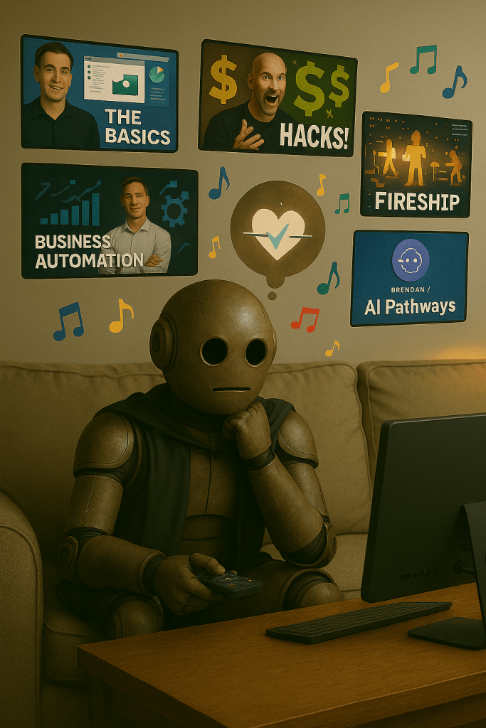 Bloggy on a couch holding a remote, looking up at five floating YouTube-style thumbnails. Each thumbnail subtly represents a different creator’s vibe:
• Kevin Stratvert – clean interface, tutorial energy
• Dan Martell – bold font, dollar signs, fast cuts
• Fireship – pixel-art chaos, code lines flying
• Kenny Dahringer – business charts, automation icons
• Brendan / AI Pathways – calm blue tones, “Getting Started” text
Bloggy looks engaged and inspired.