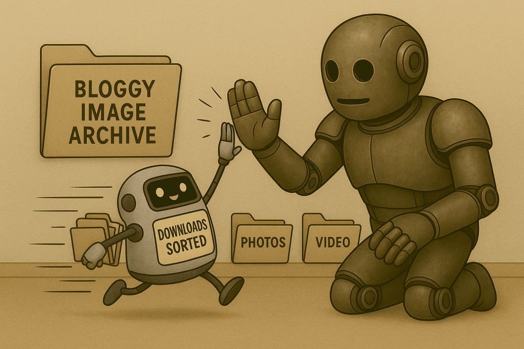 Bloggy high-fiving a tiny cleanup bot labeled “Downloads Sorted”
The little bot is zipping away with files under its arms toward different clearly marked folders. Bloggy is standing with arms crossed, one eyebrow raised, looking genuinely impressed that something he built actually worked. A folder marked “Bloggy Image Archive” sits in the background, finally tidy.