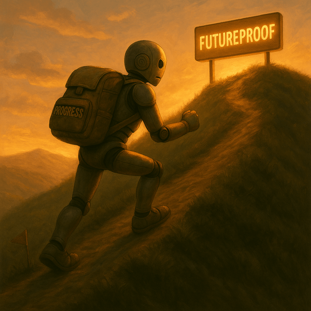 Bloggy hiking up a hill, backpack labeled “Progress,” looking up at a glowing “Futureproof” sign at the summit.