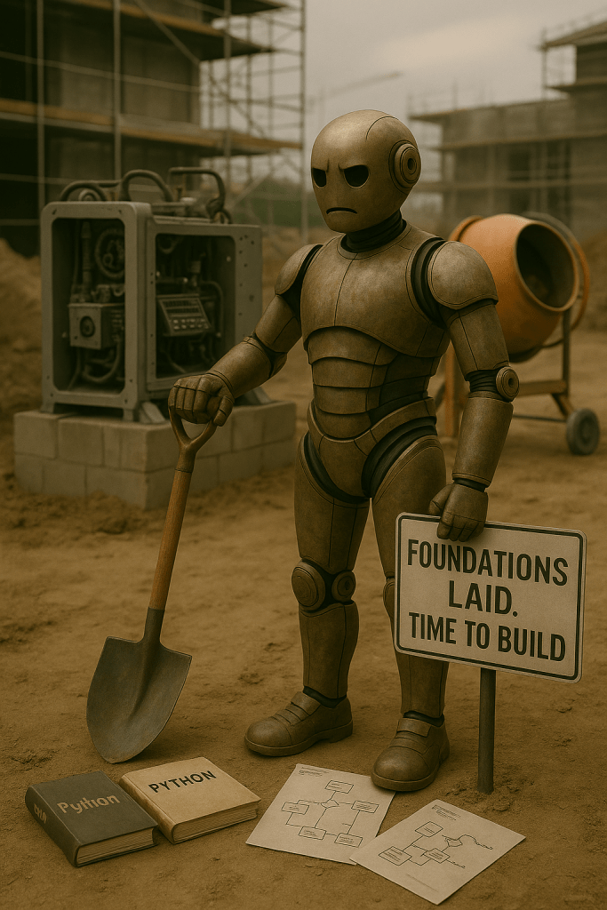Bloggy at a construction site with a shovel in one hand and a half-built automation machine behind him
He’s looking at the machine with narrowed eyes—not frustrated, but thoughtful. A sign next to him reads “Foundations Laid. Time to Build.” Python manuals and N8N diagrams scatter the ground. The cement mixer nearby is still spinning.